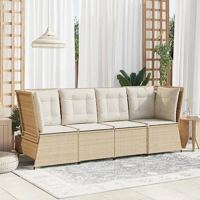 Furnicato Gartensessel aus PE-Rattan, Beige -  - Modulares beiges Polyrattan-Gartensofa mit cremefarbenen Kissen.