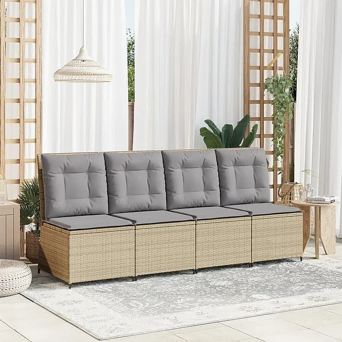 Furnicato Gartensessel mit Liegefunktion aus PE-Rattan, Beige -  - Hellbraunes Rattan-Viersitzer-Gartensofa mit grauen Kissen.