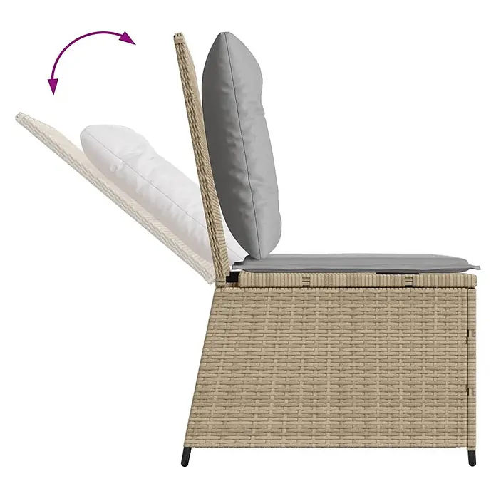 Furnicato Gartensessel mit Liegefunktion aus PE-Rattan, Beige -  - Seitenansicht eines beigen Rattan-Gartenstuhls mit grauen Kissen und verstellbarer Rückenlehne, nach hinten gekippt dargestellt.