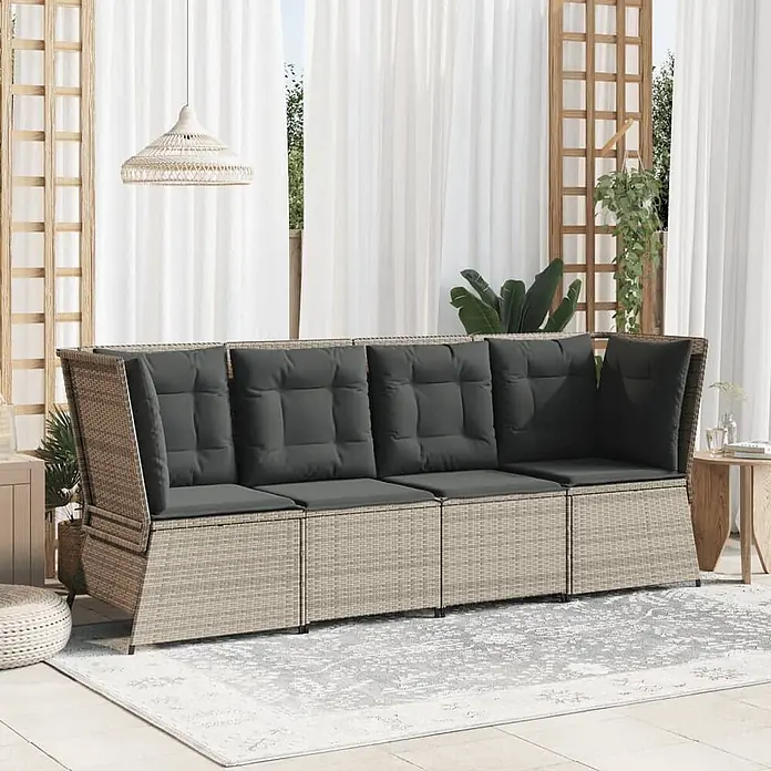 Furnicato Gartensessel aus PE-Rattan, Hellgrau -  - Modulares Outdoor-Sofa mit hellbeigem Rattan-Geflecht und dunkelgrauen Kissen, im Terrassenambiente.