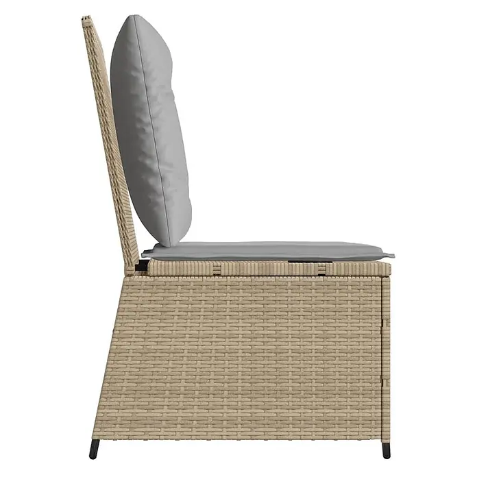 Furnicato Gartensessel mit Liegefunktion aus PE-Rattan, Beige -  - Seitenansicht eines beigen Rattan-Gartenstuhls mit grauen Sitz- und Rückenkissen.