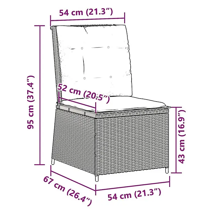 Furnicato Gartensessel mit Liegefunktion aus PE-Rattan, Beige -  - Grauer Rattan-Stuhl mit Kissen, detaillierte Produktmaße sind angegeben.