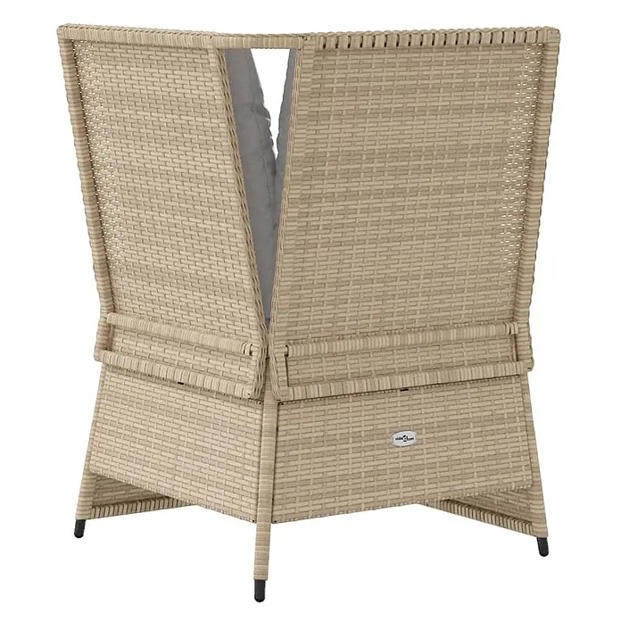 Furnicato Gartensessel aus PE-Rattan, Beige -  - Beige Rattan-Lounge-Sessel, Rückansicht, mit grauem Kissen sichtbar.