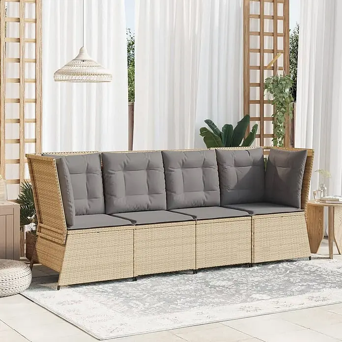Furnicato Gartensessel aus PE-Rattan, Beige -  - Hellbraunes Rattan-Look Outdoor-Sofa mit vier modularen Abschnitten und grauen Kissen, für Terrassen-Lounging.