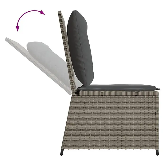 Furnicato Gartensessel mit Liegefunktion aus PE-Rattan, Grau -  - Hellgrauer Polyrattan-Gartensessel mit dunkelgrauen Kissen und verstellbarer Rückenlehne, dargestellt mit Pfeil für Neigefunktion.