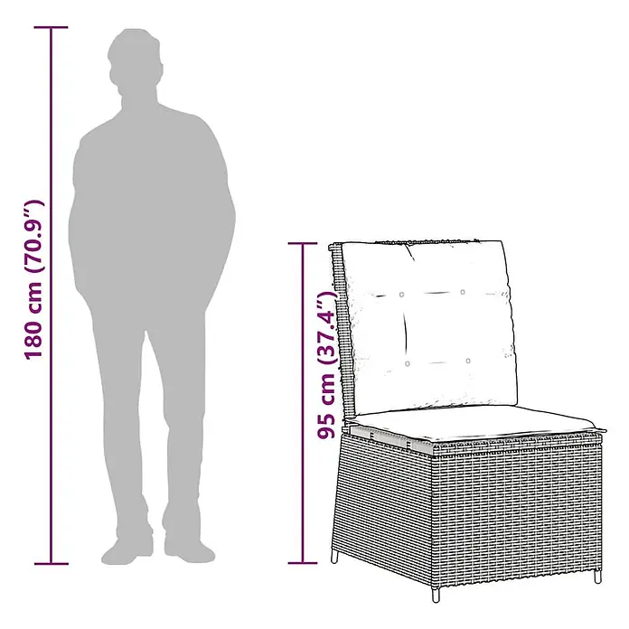 Furnicato Gartensessel mit Liegefunktion aus PE-Rattan, Grau -  - Gartensessel aus Polyrattan mit Kissen, zum Größenvergleich neben einer Person dargestellt. Stuhlhöhe 95 cm, Person 180 cm.