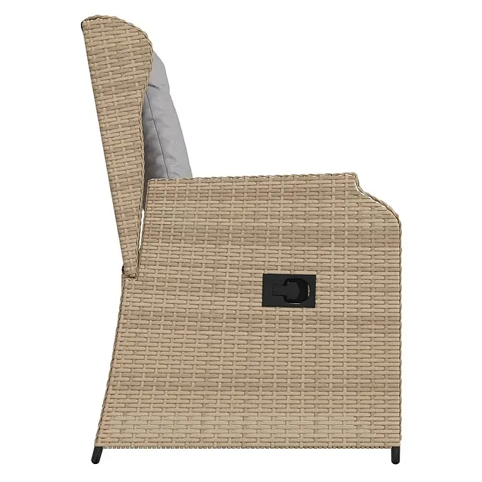 Furnicato 2er Set Gartenstühle PE Rattan verstellbar, Beige -  - Seitenansicht eines beigen Rattan-Liegesessels mit grauem Kissen und schwarzem Hebel.