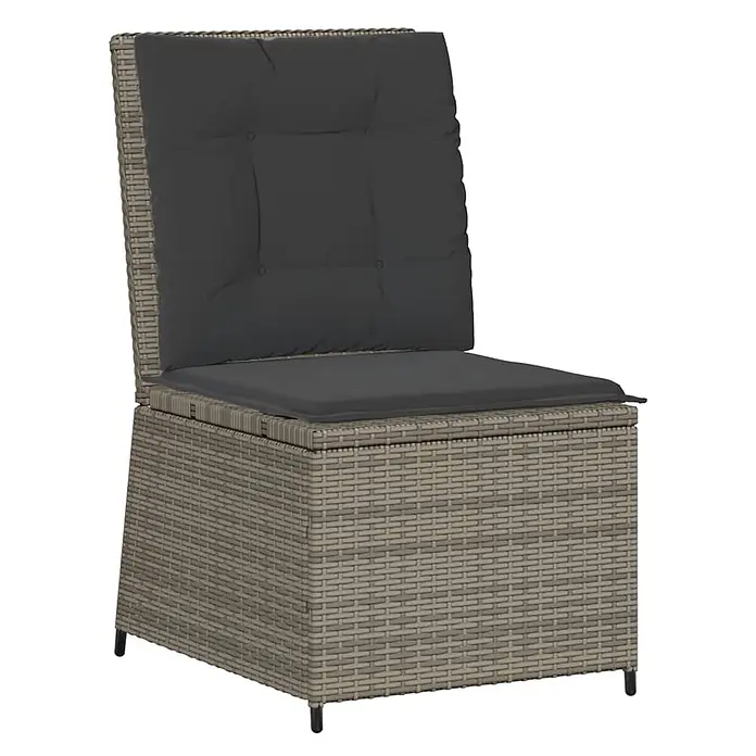 Furnicato Gartensessel mit Liegefunktion aus PE-Rattan, Grau -  - Grauer Polyrattan-Gartenstuhl mit dunkelgrauen Kissen und Stauraum.