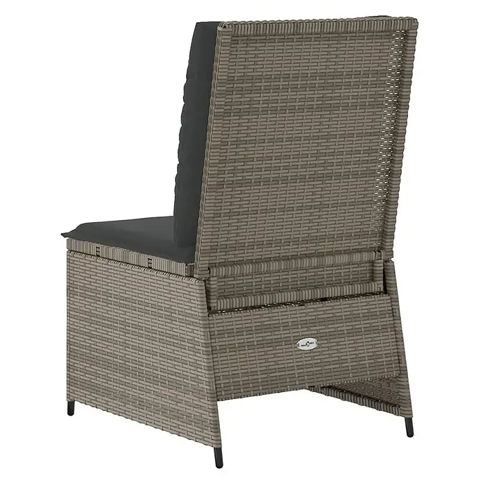 Furnicato Gartensessel mit Liegefunktion aus PE-Rattan, Grau -  - Grauer Polyrattan Gartenstuhl mit dunkelgrauen Kissen, von hinten gesehen.