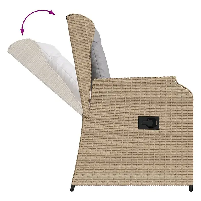 Furnicato 2er Set Gartenstühle PE Rattan verstellbar, Beige -  - Hellbraune Rattan-Optik Aufbewahrungsbox mit geöffnetem Deckel, Kissen enthaltend. Seitlich eine schwarze Verriegelung.