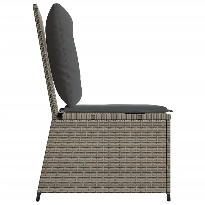 Furnicato Gartensessel mit Liegefunktion aus PE-Rattan, Grau -  - Beigefarbener Rattan-Stuhl mit dunkelgrauen Kissen, Seitenansicht.