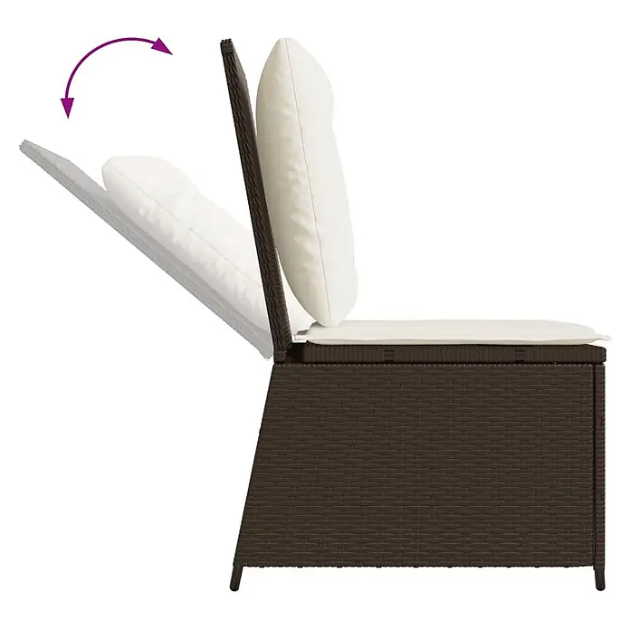 Furnicato Gartensessel mit Liegefunktion aus PE-Rattan, Braun -  - Brauner Rattan Gartenstuhl mit weißen Kissen, zeigt eine verstellbare Rückenlehne in aufrechter und geneigter Position.