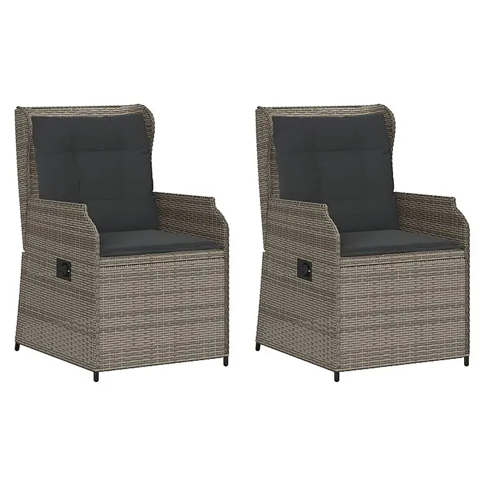 Furnicato 2er-Set Gartenstühle PE-Rattan Grau verstellbar -  - Zwei beige Polyrattan Gartenstühle mit dunkelgrauen Kissen.