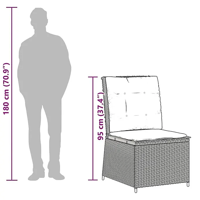 Furnicato Gartensessel mit Liegefunktion aus PE-Rattan, Braun -  - Rattanstuhl mit Kissen, 95 cm hoch, neben einer 180 cm großen Person zum Größenvergleich.