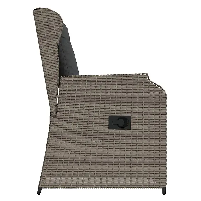 Furnicato 2er-Set Gartenstühle PE-Rattan Grau verstellbar -  - Seitenansicht eines braunen Korbsessels mit dunkelgrauem Kissen und schwarzem Neigegriff.