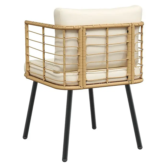 Furnicato Gartenstuhl PE-Rattan Natur mit Kissen -  - Beigefarbener Rattansessel mit cremefarbenen Kissen und dunklen Metallbeinen.
