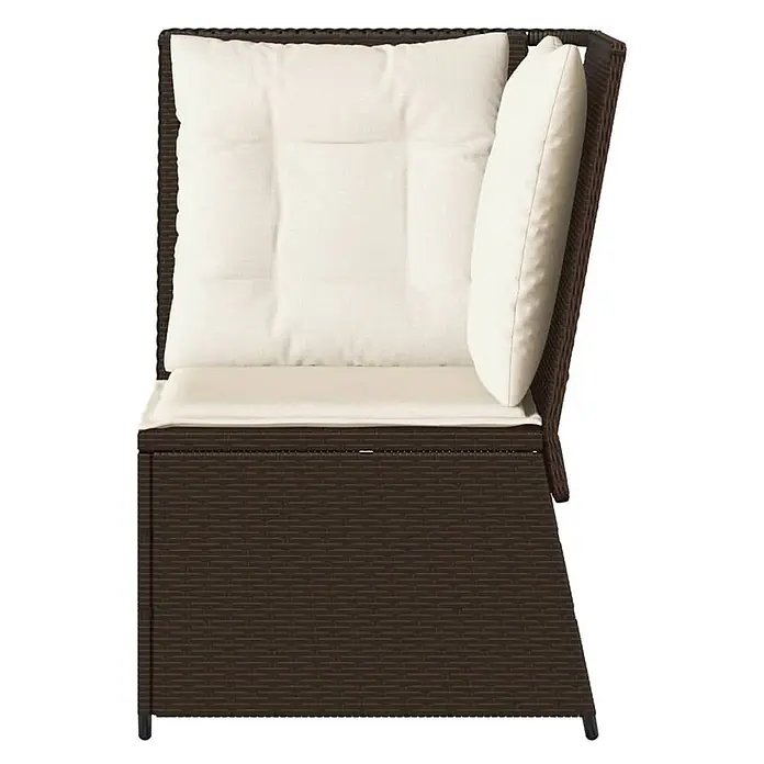 Furnicato Gartensessel aus PE-Rattan, Braun -  - Dunkelbrauner Rattan-Gartenlehnsessel mit cremefarbenen Sitz-, Rücken- und Seitenkissen, von der Seite.