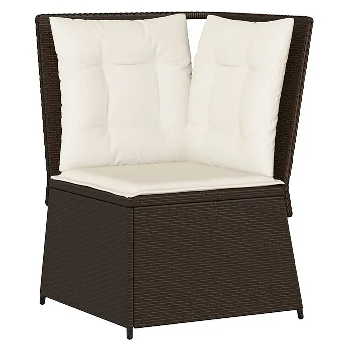 Furnicato Gartensessel aus PE-Rattan, Braun -  - Brauner Rattan-Eckstuhl für den Außenbereich mit cremefarbenen Kissen.