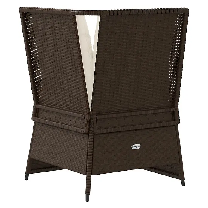 Furnicato Gartensessel aus PE-Rattan, Braun -  - Rückansicht eines braunen Rattan-Look Outdoor-Sessels mit cremefarbenem Kissen.