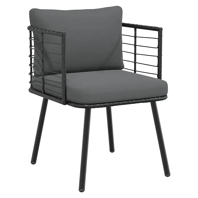 Furnicato Gartenstuhl PE-Rattan Schwarz mit Kissen -  - Schwarzer Outdoor-Stuhl mit geflochtenem Gestell und dunkelgrauen Kissen.