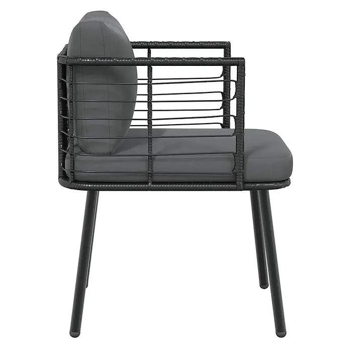 Furnicato Gartenstuhl PE-Rattan Schwarz mit Kissen -  - Dunkelgrauer Outdoor-Sessel mit schwarzem Geflechtrahmen, schwarzen Metallbeinen und weichen grauen Kissen.