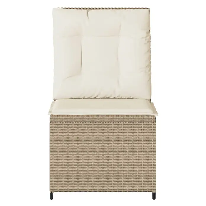 Furnicato Gartensessel mit Liegefunktion aus PE-Rattan, Beige -  - Beiger Outdoor-Stuhl aus Rattan mit cremefarbenen Sitz- und Rückenkissen.