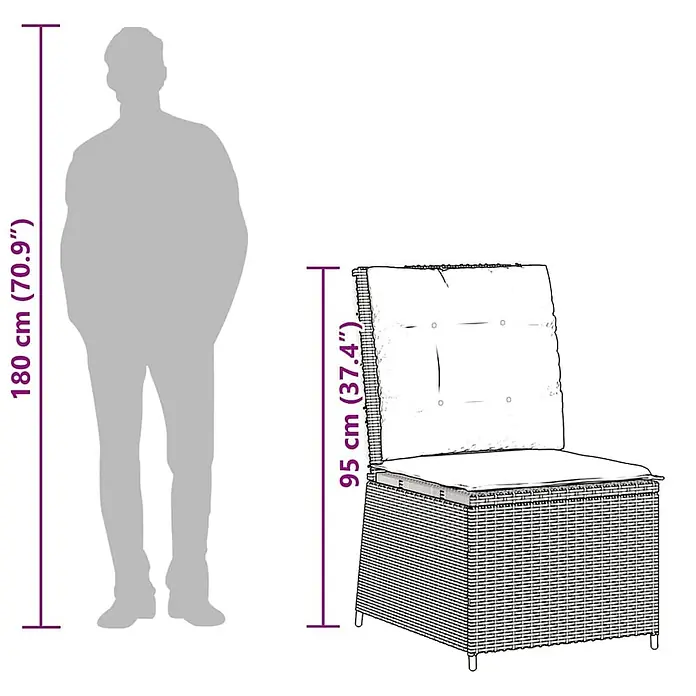 Furnicato Gartensessel mit Liegefunktion aus PE-Rattan, Beige -  - Geflochtener Outdoor-Stuhl mit hellen Kissen, 95 cm hoch, zum Größenvergleich neben einer 180 cm großen Person.