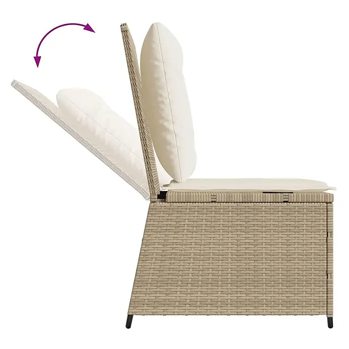 Furnicato Gartensessel mit Liegefunktion aus PE-Rattan, Beige -  - Beiger Rattan Gartenliegestuhl mit cremefarbenen Kissen, der die verstellbare Rückenlehne in mehreren Liegepositionen zeigt.
