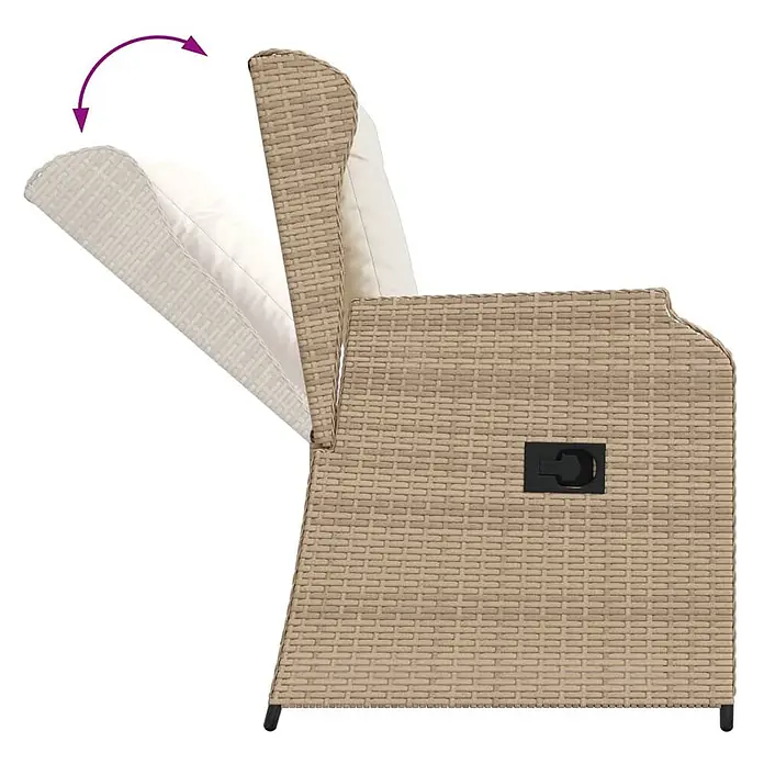 Furnicato 2er-Set Gartenstühle aus PE-Rattan, verstellbar, Beige -  - Beiger Rattan-Sessel mit cremefarbenem Kissen, Fußstütze ausgefahren. Lila Pfeil zeigt Liegefunktion.