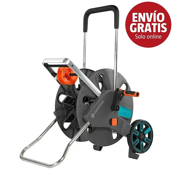 Gardena Carro portamangueras Aquaroll L Easy - Plástico/metal, Capacidad de manguera: 100 m, 13 mm (½'') - Carro portamangueras Gardena móvil gris con detalles naranjas y negros, con manivela y asa extensible.