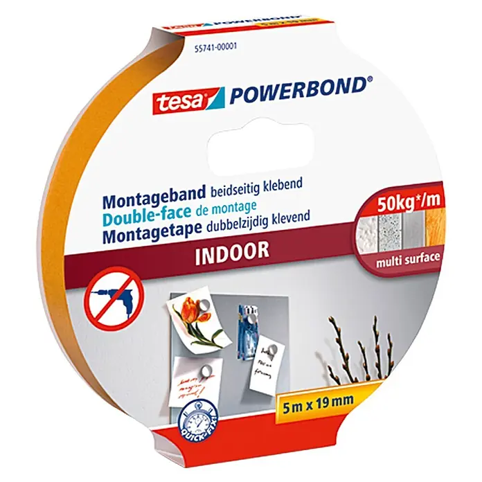 Tesa Powerbond Montageband Indoor - 5 m x 19 mm - Bild einer Rolle Tesa Powerbond Montageband, doppelseitiges Klebeband für Innenanwendungen mit hoher Haltekraft für verschiedene Oberflächen.