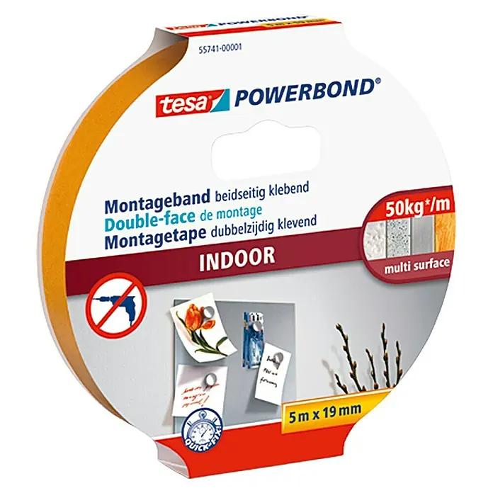 Tesa Powerbond Montageband Indoor - 5 m x 19 mm - Bild einer Rolle Tesa Powerbond Montageband, doppelseitiges Klebeband für Innenanwendungen mit hoher Haltekraft für verschiedene Oberflächen.