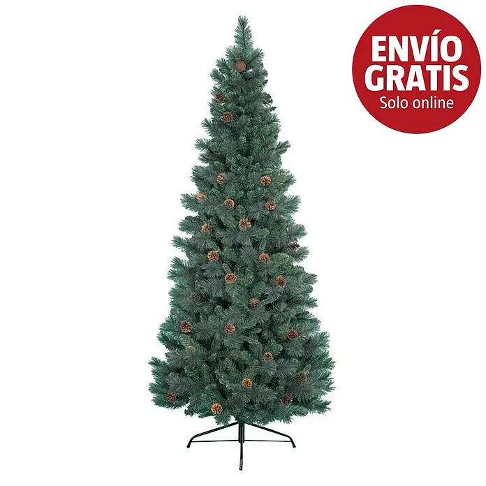 Árbol de Navidad artificial Norwich Pine - Altura: 180 cm, Verde - Árbol de Navidad artificial verde con piñas sobre base negra.