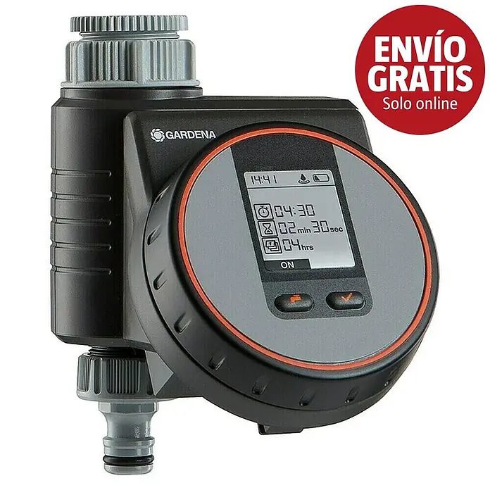 Gardena Programador de riego Flex - Tiempo de riego: 1 s - 99 min - Programador de riego digital Gardena negro y gris con anillo naranja y pantalla, para conexión de manguera.