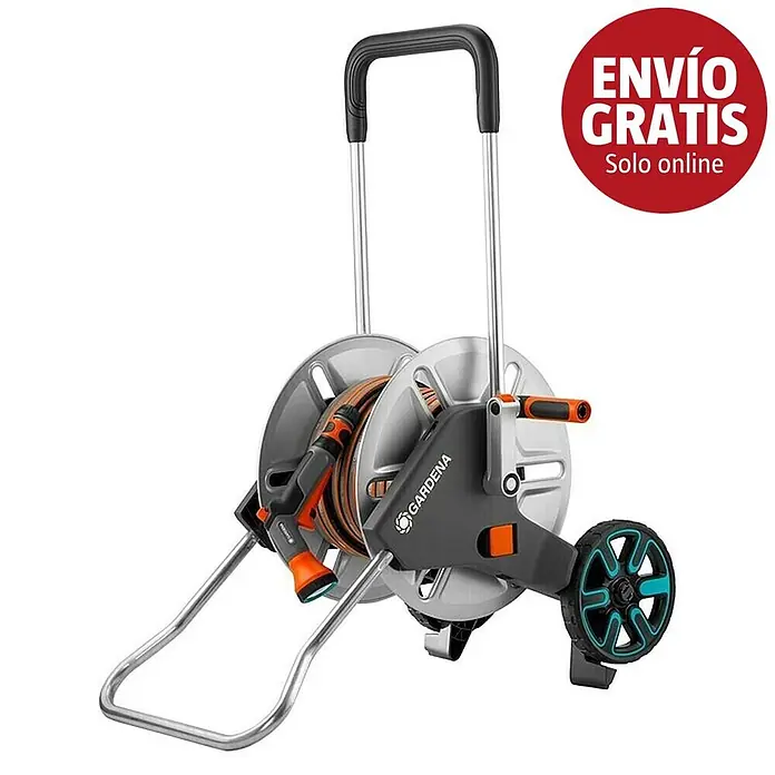 Gardena Kit carro portamangueras AquaRoll M - Metal, Longitud del tubo: 30 m - Carro portamangueras Gardena, gris/naranja, con manguera y boquilla, con ruedas.