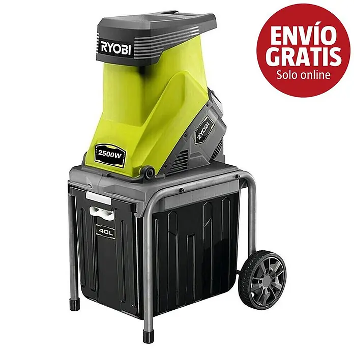 Ryobi Biotrituradora eléctrica RSH2545B - Grosor de rama máx.: 4,5 cm, 2.500 W - Trituradora de jardín eléctrica Ryobi 2500W, verde y negra, con caja recolectora de 40L sobre ruedas.