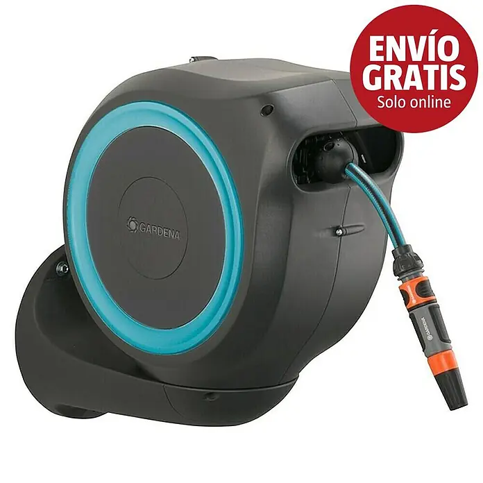 Gardena Portamangueras de pared RollUp S - Longitud del tubo: 15 m, Gris/Azul - Enrollador automático de manguera Gardena negro con acento azul, montado, con manguera y boquilla.