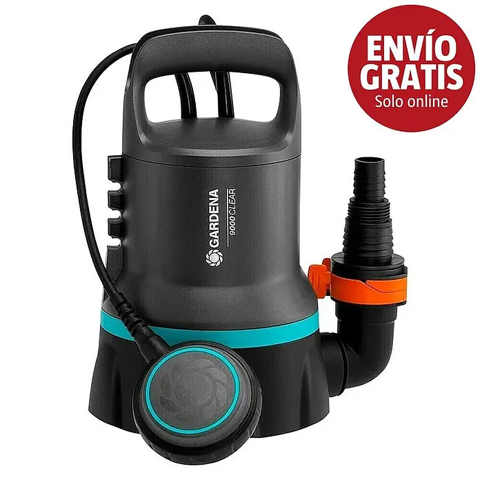 Gardena Bomba sumergible 9000 - 300 W, Capacidad de bombeo máx.: 9.000 l/h - Bomba sumergible Gardena 9000 Clear en negro y turquesa con conexión de manguera naranja y asa integrada.
