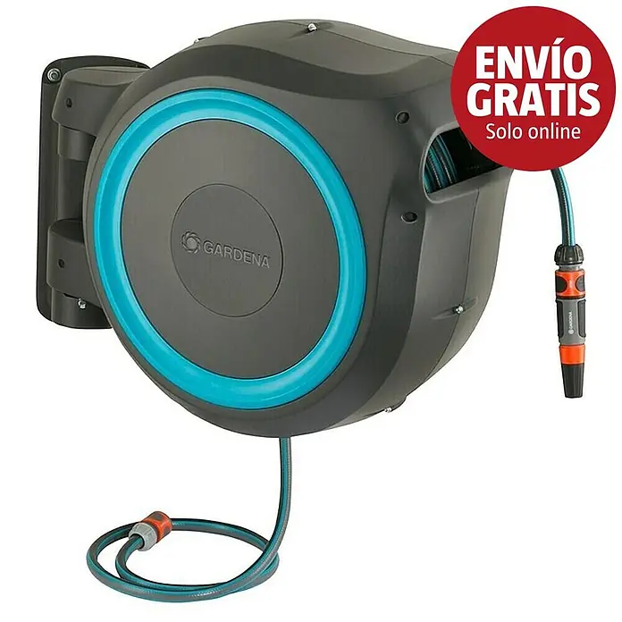 Gardena Portamangueras de pared RollUp XL - Longitud del tubo: 35 m, Gris/Azul - Enrollador de manguera automático de pared Gardena gris oscuro y azul, con manguera, boquilla y conector.