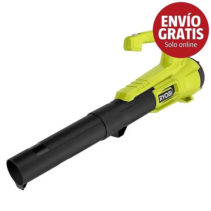 Ryobi ONE+ Soplador de hojas de batería RY18BLA - 18 V, Sin batería, Velocidad de soplado: 145 km/h, Potencia de soplado: 7,1 m³/min - Soplador de hojas inalámbrico Ryobi verde y negro con mango ergonómico.