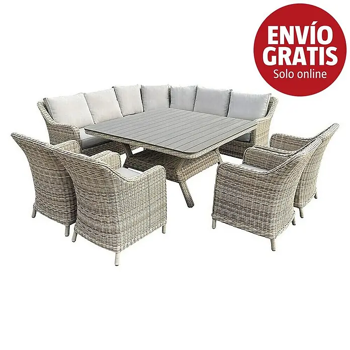 Sunfun Conjunto de muebles Milwaukee - 8 pzs., Ratán sintético, Arena - Conjunto de comedor de exterior de mimbre claro con sofá esquinero, mesa y sillones.