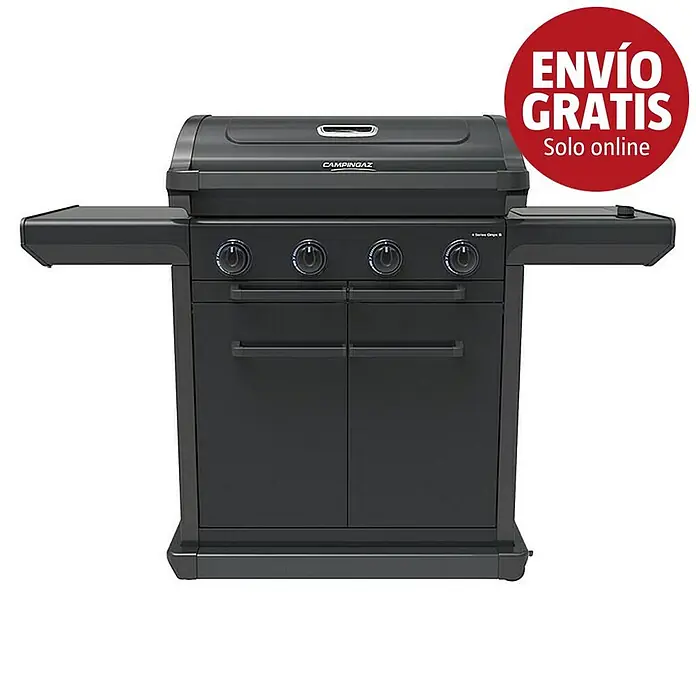 Campingaz Barbacoa de gas Onyx Premium - Superficie de la parrilla (An x Pr): 61 x 46 cm, 3,4 kW, Número de quemadores: 4 - Una parrilla de gas Campingaz negra con cuatro quemadores y estantes laterales.