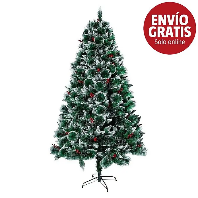 Árbol de Navidad artificial Montana - Altura: 150 cm, Verde - Árbol de Navidad artificial, verde con nieve blanca y bayas rojas, sobre un soporte de metal negro.
