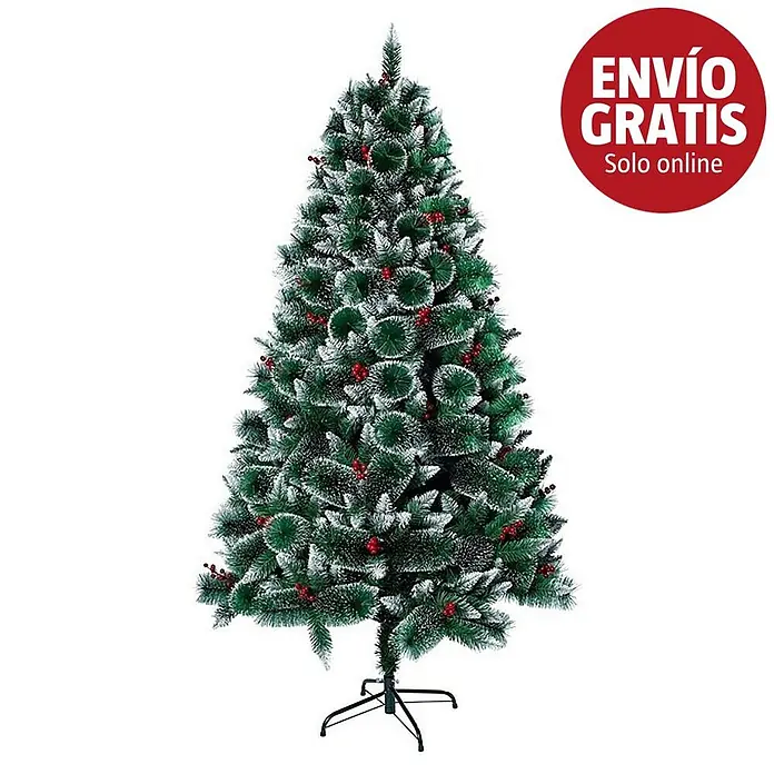 Árbol de Navidad artificial Montana - Altura: 180 cm, Verde - Árbol de Navidad artificial verde, con nieve blanca y bayas rojas, sobre un soporte metálico negro.