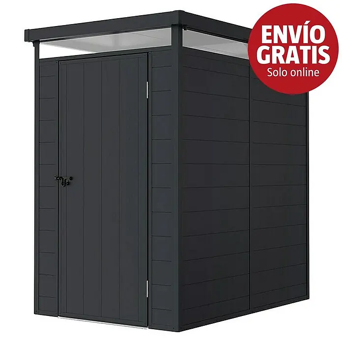 Hoggar Caseta de jardín Nova - Medidas ext. (An x Pr): 131 x 190 cm, Plástico, Antracita - Cobertizo de jardín gris oscuro con paneles horizontales, techo plano y puerta doble.