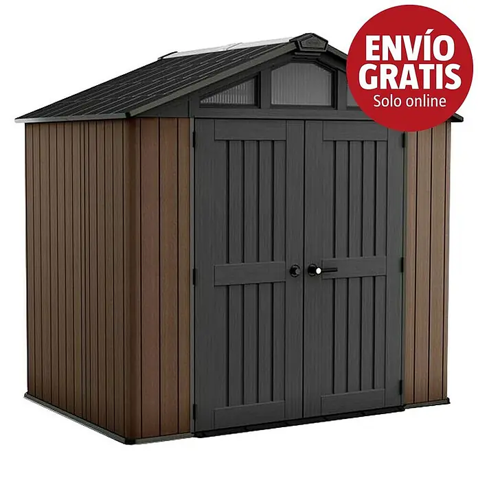 Keter Caseta de jardín Stronghold 8x6 - Medidas ext. (An x Pr): 183 x 248 cm, Plástico, Marrón/Negro, 4,5 m² - Caseta de jardín efecto madera marrón con puertas dobles y techo gris oscuro para almacenamiento exterior.