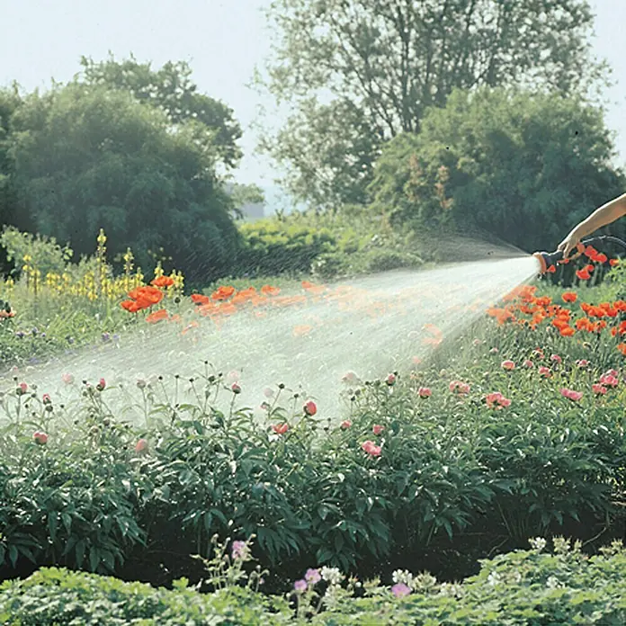 Gardena Profi-System Spritzbrause - Anzahl Sprühformen: 3 Stk., Kunststoff - Eine Person bewässert einen Blumengarten mit einem Gartenschlauch, wobei der Wasserstrahl über die Blüten reicht.