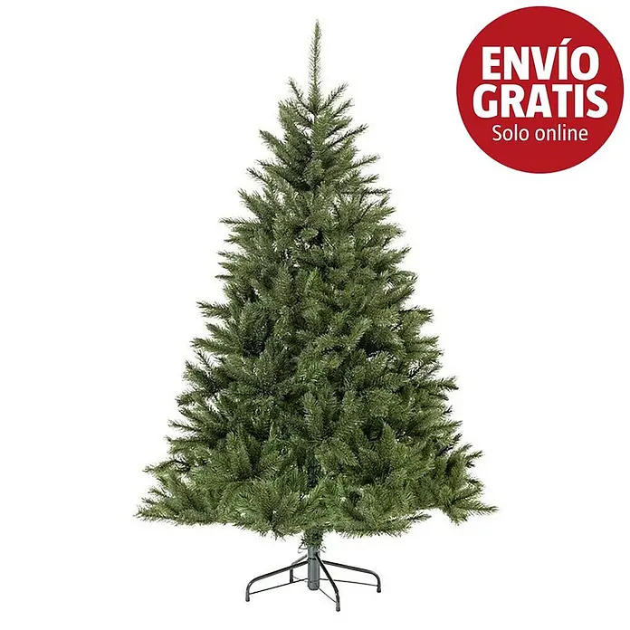 Árbol de Navidad artificial Bristlecone - Altura: 185 cm, Verde - Un árbol de Navidad artificial verde, denso y frondoso, sobre un soporte de metal negro.
