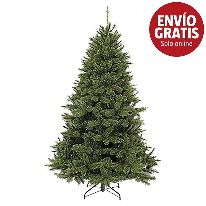 Árbol de Navidad artificial Bristlecone - Altura: 215 cm, Verde - Árbol de Navidad artificial verde con base de metal negro, con banner rojo "ENVÍO GRATIS".