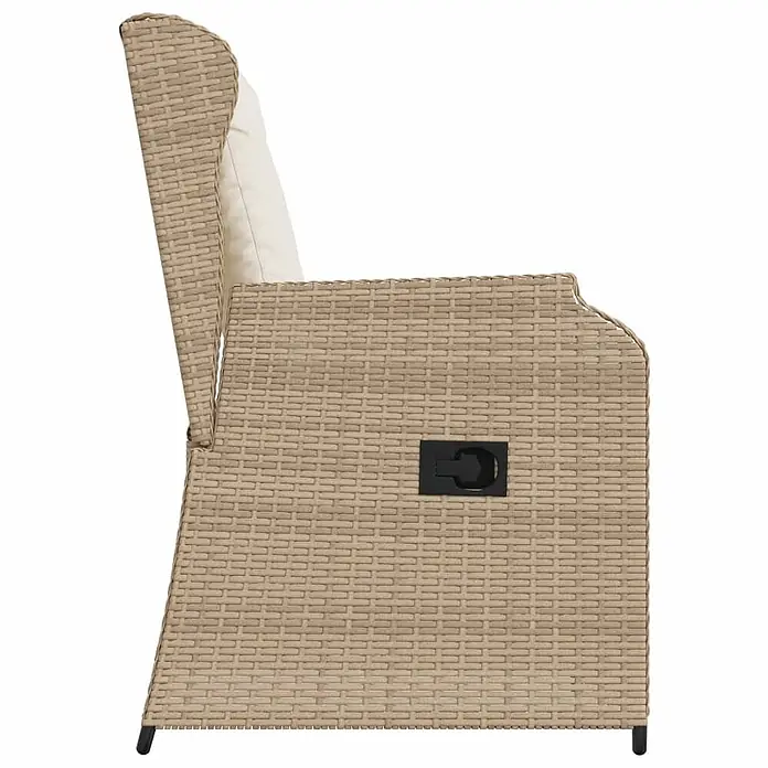 Furnicato 2er-Set Gartenstühle aus PE-Rattan, verstellbar, Beige -  - Seitenansicht eines beigefarbenen Rattan-Sessels mit cremefarbenem Kissen und schwarzem Liegegriff.